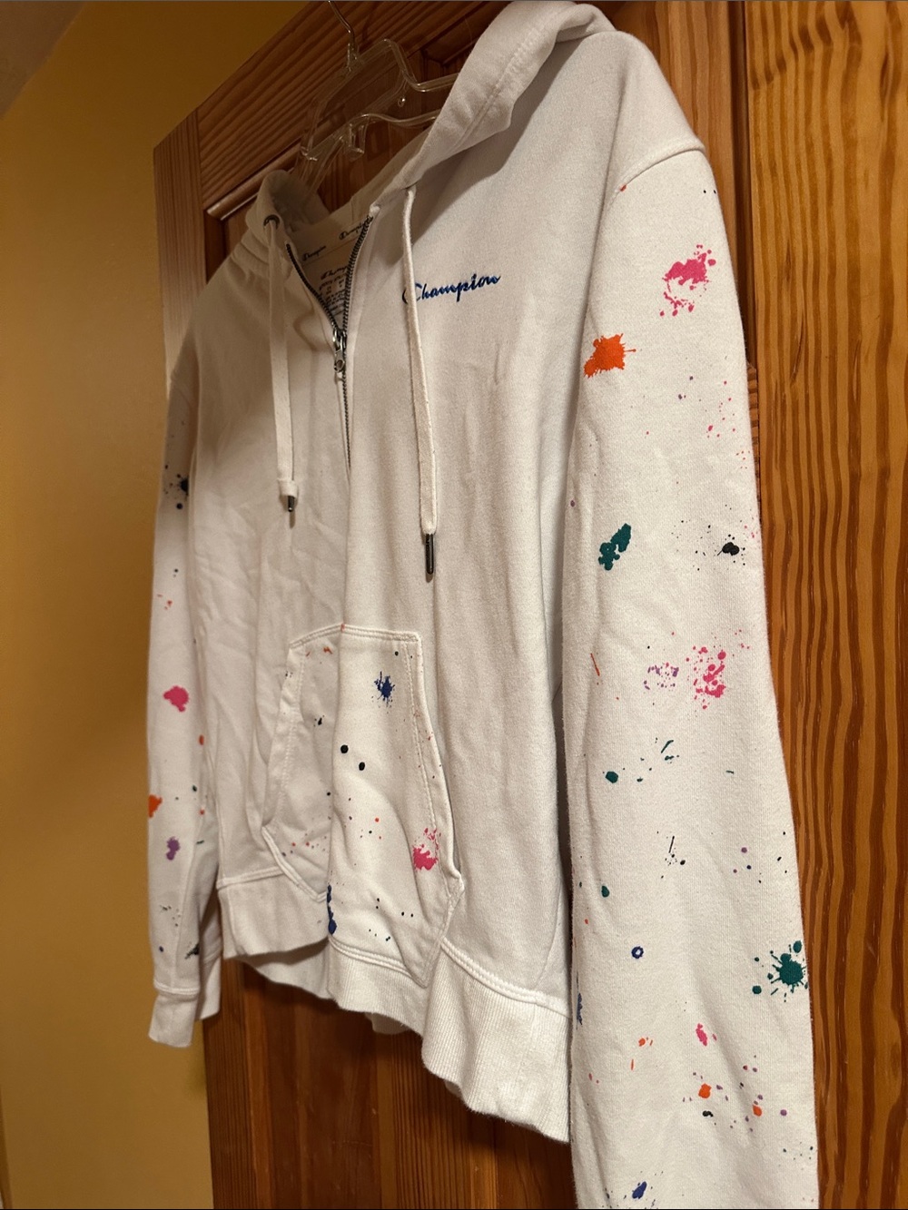 Champion White Zip-Up Hoodie with Multicolor Paint Splatter Medium